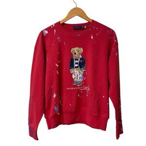 Polo Ralph Lauren Polo Bear Paint Splattered Sweatshirt Large L Starboard Red